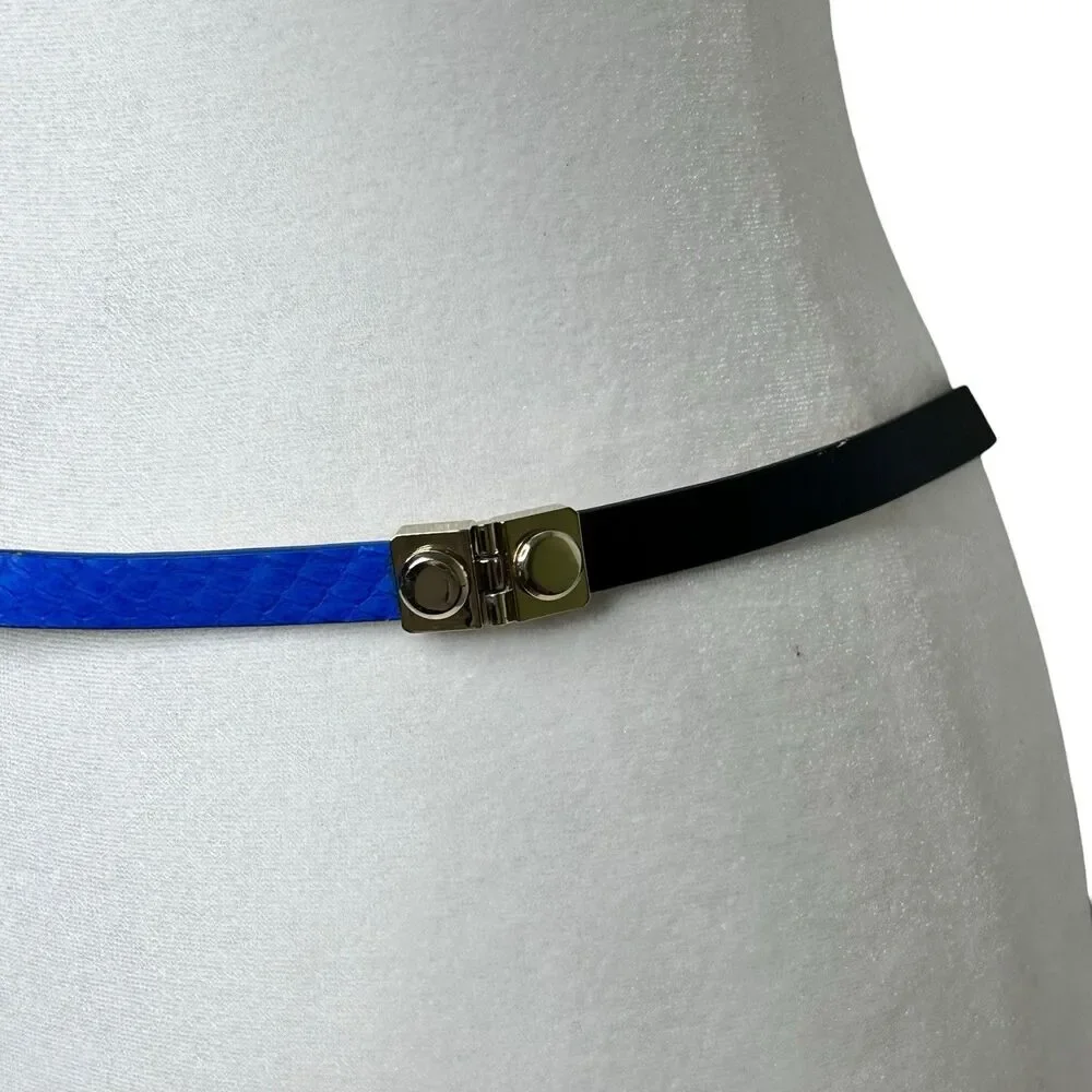 J.Crew Skinny Leather Belt Blue Black Hinge Details Sz Large Accent Preppy EUC - Picture 4 of 12